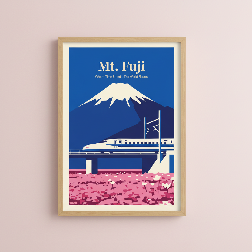 Japan Travel Poster: Mt. Fuji - Where Time Stands. The World Races.