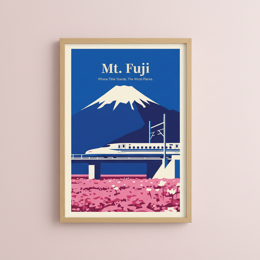 Japan Travel Poster: Mt. Fuji - Where Time Stands. The World Races.
