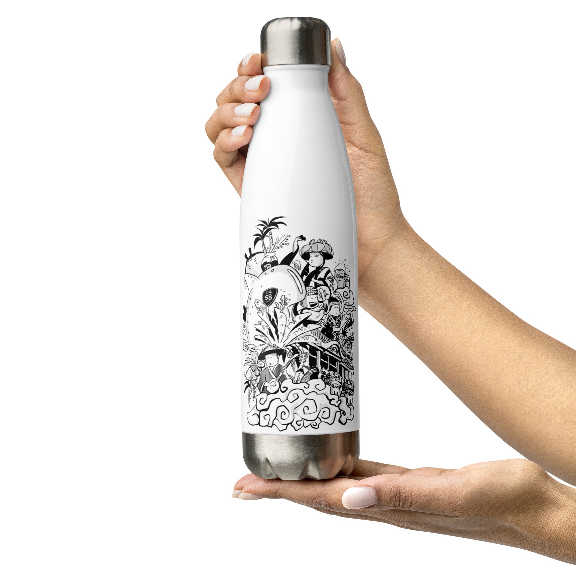 Stainless Steel Bottle with Okinawa Inspired Freehand Drawing 1